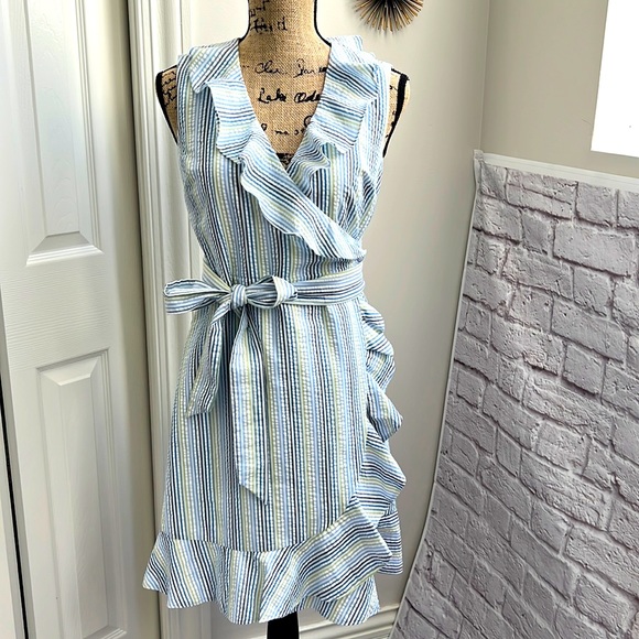 Draper James striped blue & white ruffle wrap dress - Picture 2 of 11
